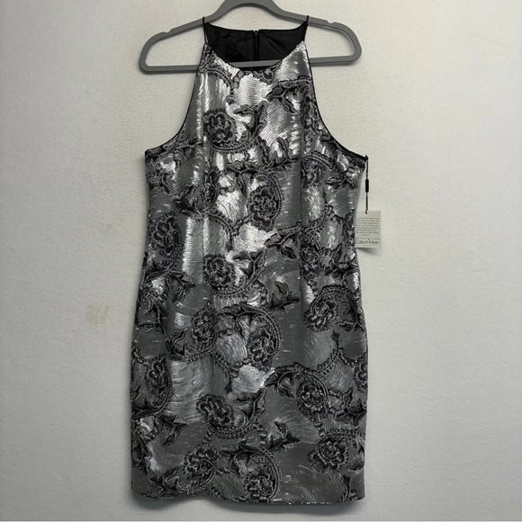 NWT CALVIN KLEIN SILVER SEQUIN FLORAL FITTED HALTER PARTY COCKTAIL MIDI DRESS 14 - Picture 5 of 14